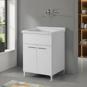 Mobile lavatoio 60x60cm bianco frassino con due ante e vasca in ceramica Revine