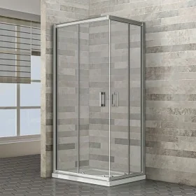 Box doccia angolare 70x100 con porta doppia porta scorrevole cristallo trasparente e profili cromati Geo