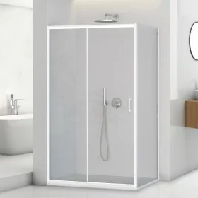 Box doccia angolare 80x140 in vetro temperato trasparente scorrevole con profili bianchi Tay Box doccia angolare 80x140 in vetro temperato trasparente scorrevole con profili bianchi Tay