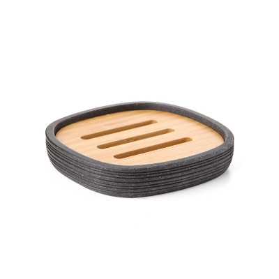 Portasapone d'Appoggio Nero con Elegante inserto in Legno Bambu