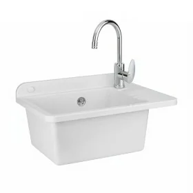 Lavatoio in resina 50x35 bianco con miscelatore a canna alta inox e scarico incluso