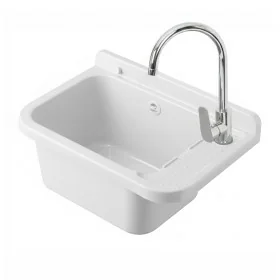 Lavatoio in resina 50x34 bianco con miscelatore a canna alta inox e scarico incluso