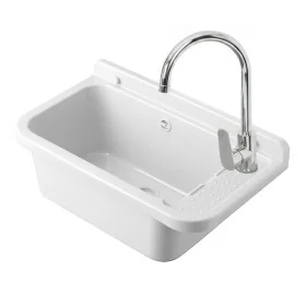 Lavatoio in resina 60x34 bianco con miscelatore a canna alta inox e scarico incluso