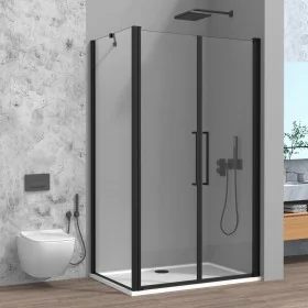 Box doccia angolare 70x90 con apertura saloon in vetro temperato trasparente con profili nero opaco Neos