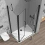 Box doccia angolare 90x80 con apertura saloon in vetro temperato trasparente con profili nero opaco Neos