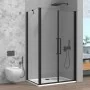 Box doccia angolare 80x80 con apertura saloon in vetro temperato trasparente con profili nero opaco Neos
