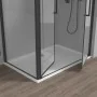 Box doccia angolare 70x70 con apertura saloon in vetro temperato trasparente con profili nero opaco Neos