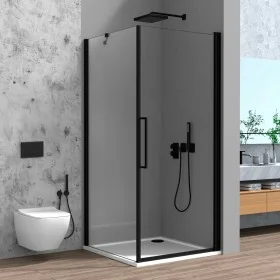 Box doccia angolare 90x90 in vetro temperato trasparente battente con profili nero opaco Neos
