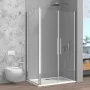 Box doccia angolare 70x70 con apertura saloon in vetro temperato trasparente con profili cromati Neos