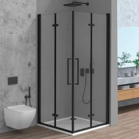 Box doccia angolare doppio soffietto 90x80 in vetro temperato trasparente con profili nero opaco Neos