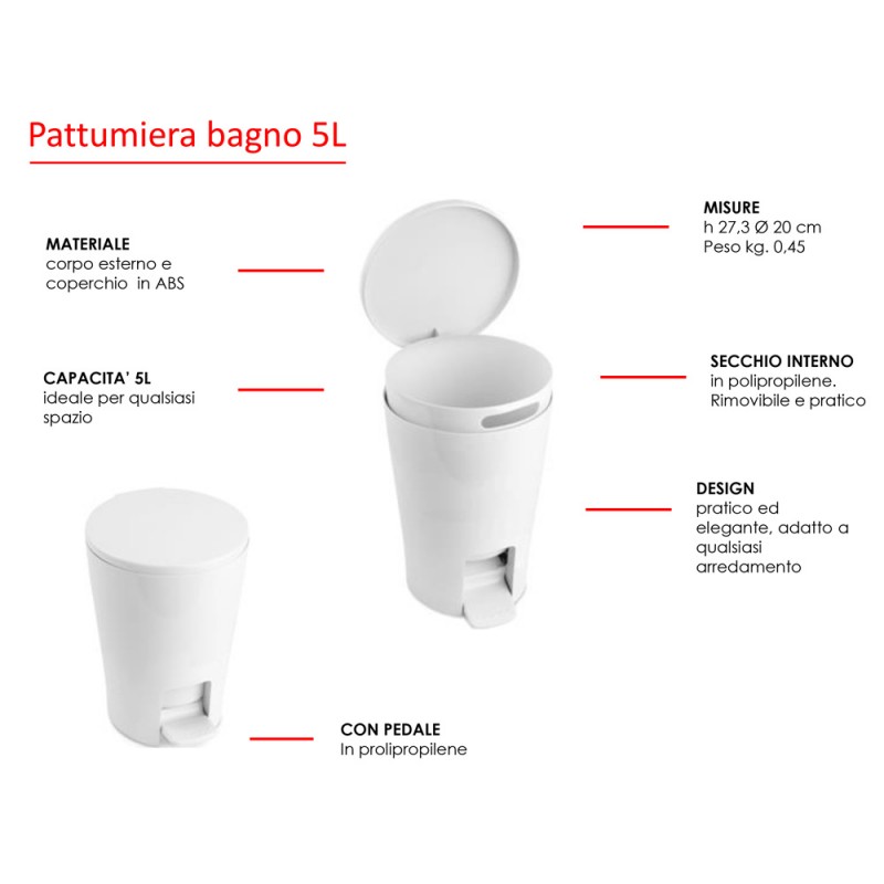 Bidoncino spazzatura con pedale e coperchio EXITOSO Cestino bagno bianco con pedale e coperchio Cestini bidone pattumiera spazzatura piccola per umido con pedale perbagno cucina cameretta design 