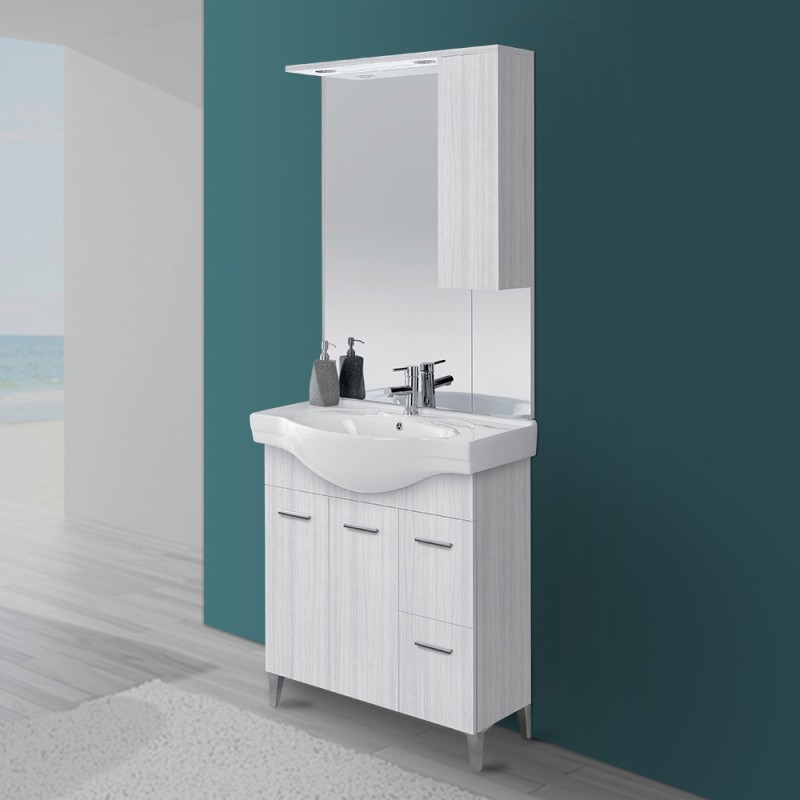 Mobile Bagno in legno grigio L. 82.5 cm con due ante, due cassetti e specchiera con pensile e luci Mobile Bagno in Legno Grigio L. 82.5 cm 2 Ante, 2 Cassetti e Specchiera con Pensile e Luci