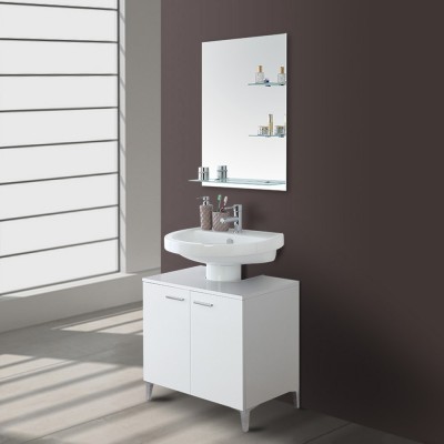 Mobile sotto lavabo bagno 70 cm bianco lucido con 2 ante e piedini cromati