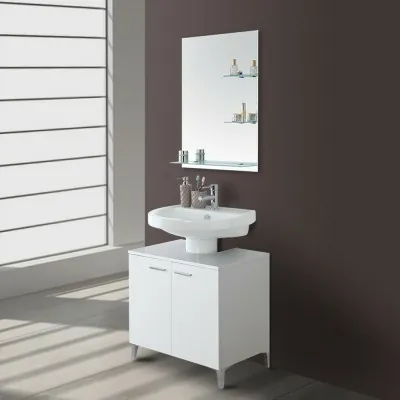 Mobile sotto lavabo bagno 70 cm bianco lucido con 2 ante e piedini cromati