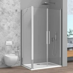 Box doccia angolare 80x90 con apertura saloon in vetro temperato trasparente con profili cromati Neos