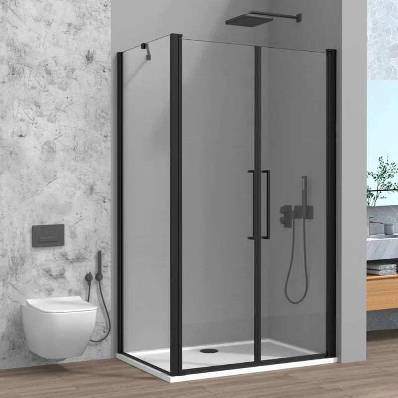 Box doccia angolare 80x70 con apertura saloon in vetro temperato trasparente con profili nero opaco Neos