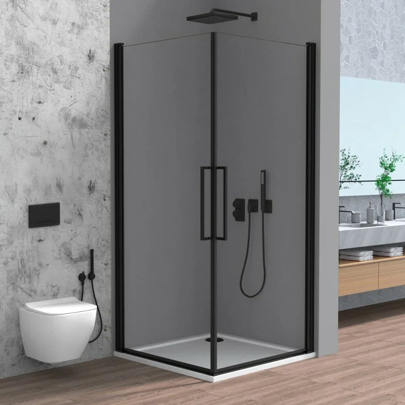 Box doccia angolare 70x70 in vetro temperato  doppio battente con profili nero Neos