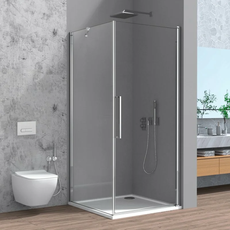 Box doccia angolare 80x80 in vetro temperato trasparente battente con profili cromo Neos