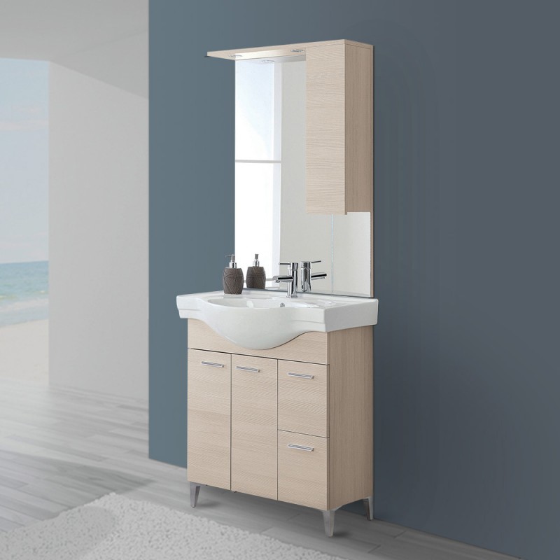 Mobile Bagno in legno Larice L. 82.5 cm con due ante, due cassetti e specchiera con pensile e luci Mobile Bagno in legno Larice L. 82.5 cm 2 Ante, 2 Cassetti e Specchiera con Pensile e Luci