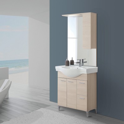 Mobile Bagno in legno Larice L. 82.5 cm con due ante, due cassetti e specchiera con pensile e luci