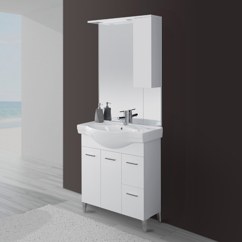 Mobile Bagno Bianco Lucido L. 82.5 cm 2 Ante, 2 Cassetti e Specchiera con Pensile e Luci