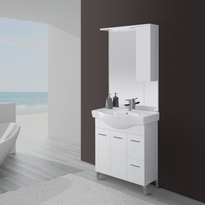 Mobile Bagno Bianco Lucido L. 82.5 cm con due ante, due cassetti e specchiera con pensile e luci