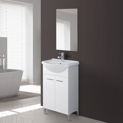 Mobiletto bagno a terra 56 cm bianco lucido con lavandino e specchio inclusi