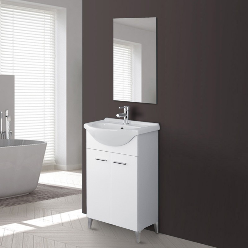 Mobiletto bagno a terra 56 cm bianco lucido con lavandino e specchio inclusi Mobiletto bagno a terra 56 cm bianco lucido con lavandino e specchio inclusi