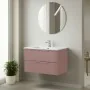 Mobile bagno sospeso 100 cm rosa cannettato con lavabo e specchio tondo Zena