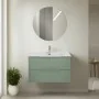 Mobile bagno sospeso 80 cm verde cannettato con lavabo e specchio tondo Zena