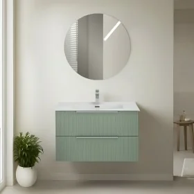 Mobile bagno sospeso 100 cm verde cannettato con lavabo e specchio tondo Zena