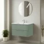 Mobile bagno sospeso 100 cm verde cannettato con lavabo e specchio tondo Zena