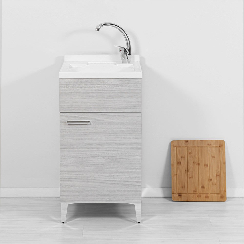 Image of Mobile lavatoio grigio 45x50 cm vasca in resina e asse lavapanni Desya