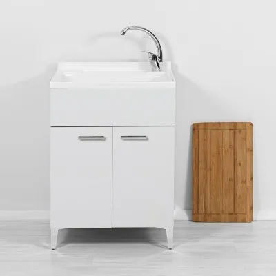 Lavatoio con mobile 60x50 cm 2 ante bianco con vasca in resina e asse lavapanni
