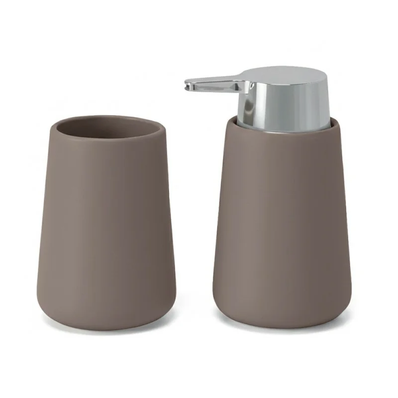 Set Bagno 4 Pezzi In Ceramica Tortora E Cromo: Dispenser Sapone, Portaspazzolini, Portasapone E Portascopino, Linea Sidney, Antibatterico