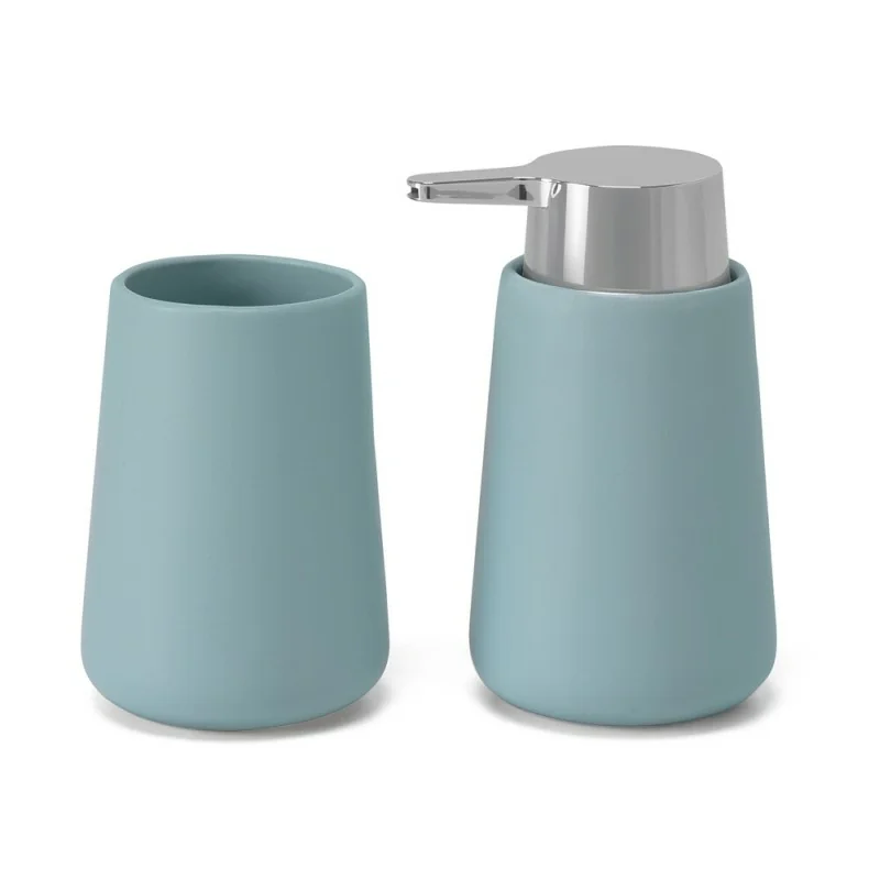 Set Bagno 4 Pezzi In Ceramica Tortora E Cromo: Dispenser Sapone, Portaspazzolini, Portasapone E Portascopino, Linea Sidney, Antibatterico