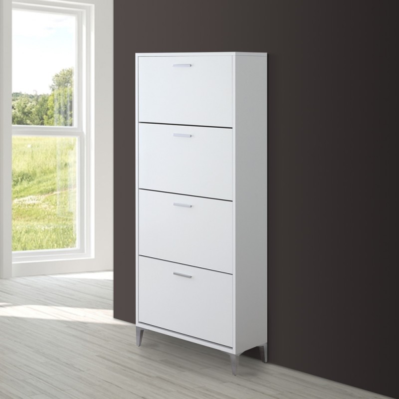 Scarpiera moderna bianca 70x29 cm con 4 ante a ribalta a doppia profondità Scarpiera moderna bianca 70x29 cm con 4 ante a ribalta a doppia profondità