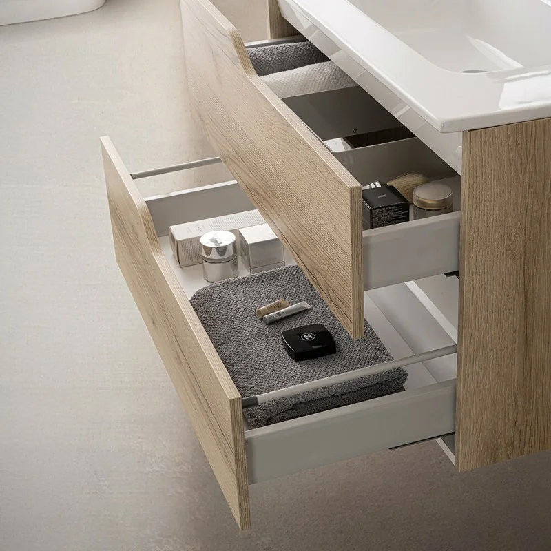 Collezione Era Set Bagno Sospeso - Base 101 Cm Con Lavabo In Ceramica, Portasciugamani E Colonna 2 Ante - Quercia Bianco