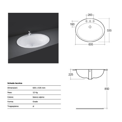 Lavabo incasso soprapiano Rak Ceramics 63,5x22,5x53,5