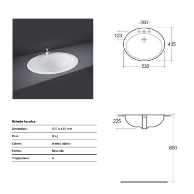 Lavabo incasso soprapiano bianco Rak Ceramics 53x22,5x43,5