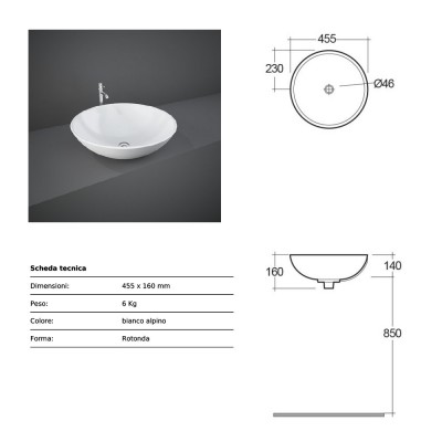 Lavabo da appoggio modello Diana bianco Rak Ceramics 45,5x16x45,5