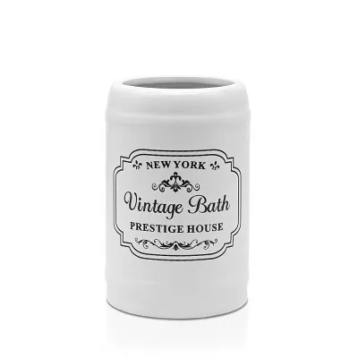 Portaspazzolini bagno in ceramica bianca con stampe a contrasto nere vintage
