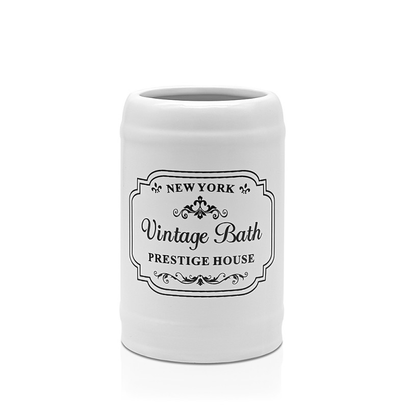 Portaspazzolini bagno in ceramica bianca con stampe a contrasto nere vintage