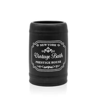 Portaspazzolini bagno in ceramica nera con stampe a contrasto bianche vintage