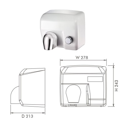 Dimensioni asciugamani elettrico con pulsante 2400W in acciaio bianco