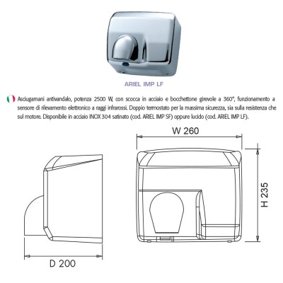 Dimensioni asciugamani elettrico antivandalo in acciaio inox lucido 2500W