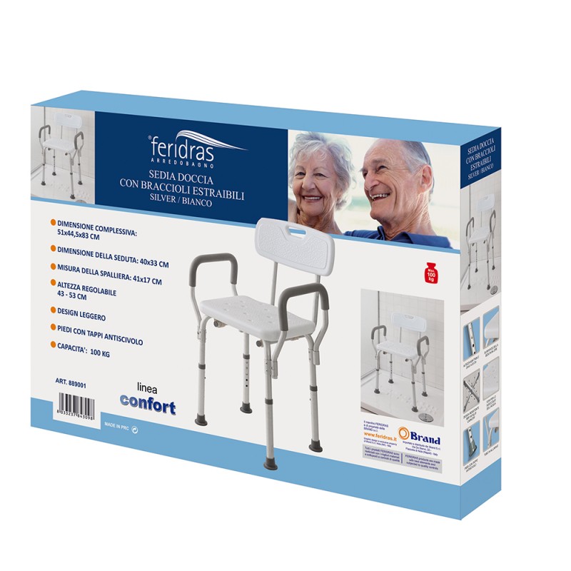 Sedia da doccia regolabile in altezza con braccioli per anziani - Cablematic