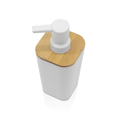 Dosatore sapone liquido in finitura bianca opaca con dettagli in legno di bamboo