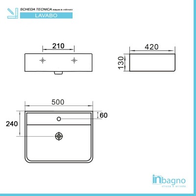 Scheda tecnica lavabo da appoggio in ceramica 50x42 cm bianco lucido