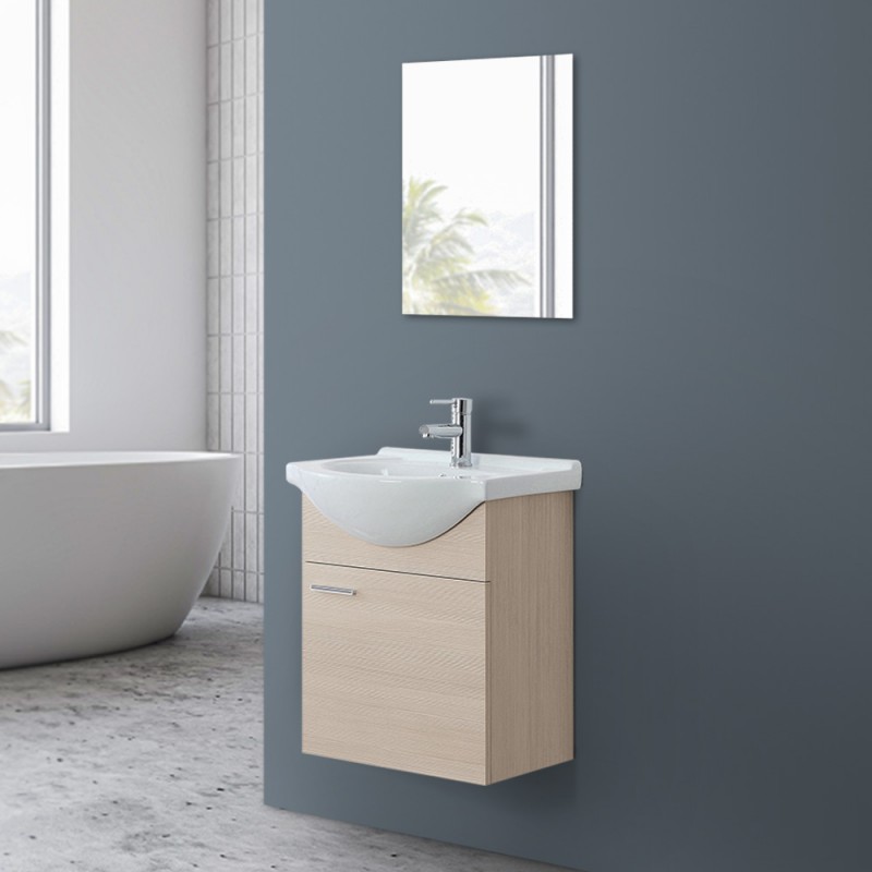 Mobiletto bagno sospeso 56x45 cm 1 anta larice con lavabo e specchio inclusi Mobiletto bagno sospeso 56x45 cm 1 anta larice con lavabo e specchio inclusi
